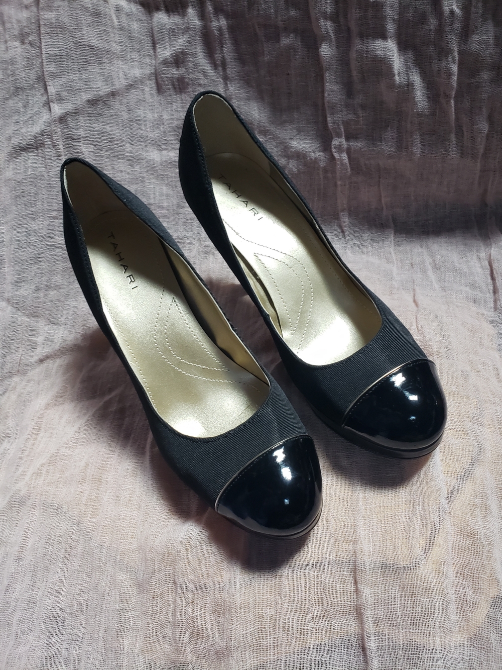 Tahari Black Fabric Platform Pumps with Patent Cap Toe, Heel, and Platform